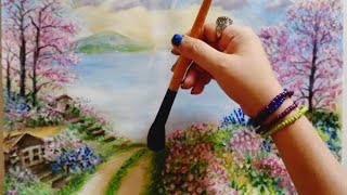 Wonderful Lakeside Flower Garden Sunrise Scape Watercolor Painting Gouache | Spring Cherry Blossom