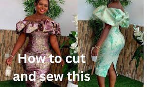 HOW TO MAKE OFFSHOULDER DRESS WITH RUFFLES damask brocade fabric gown sewing tutorial 