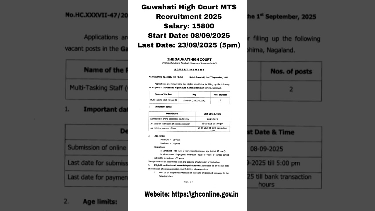 Guwahati High Court MTS Recruitment 2025 Start Date: 08/09/2025 More Details in Description 👇👇👇