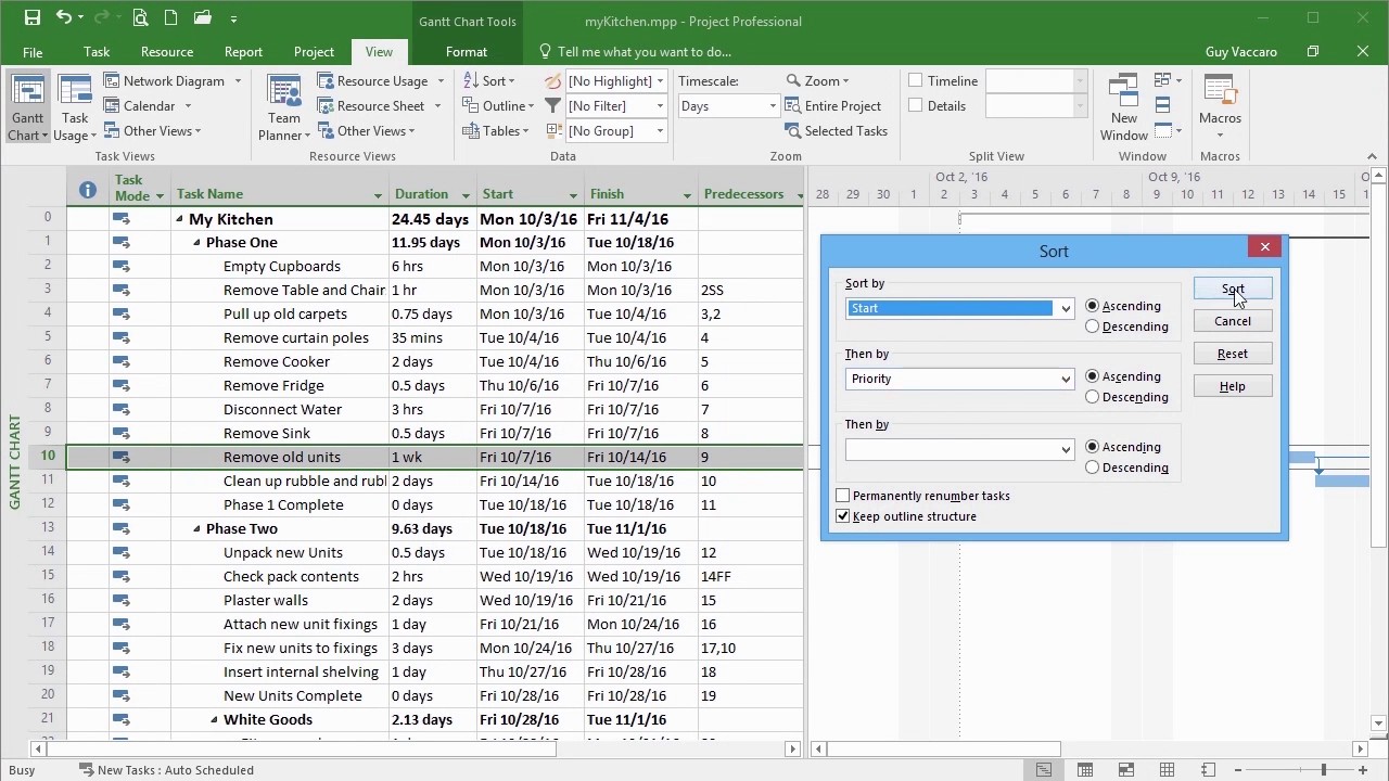 Microsoft Project 16 Tutorial An Introduction To Sorting And Filtering Tasks Youtube