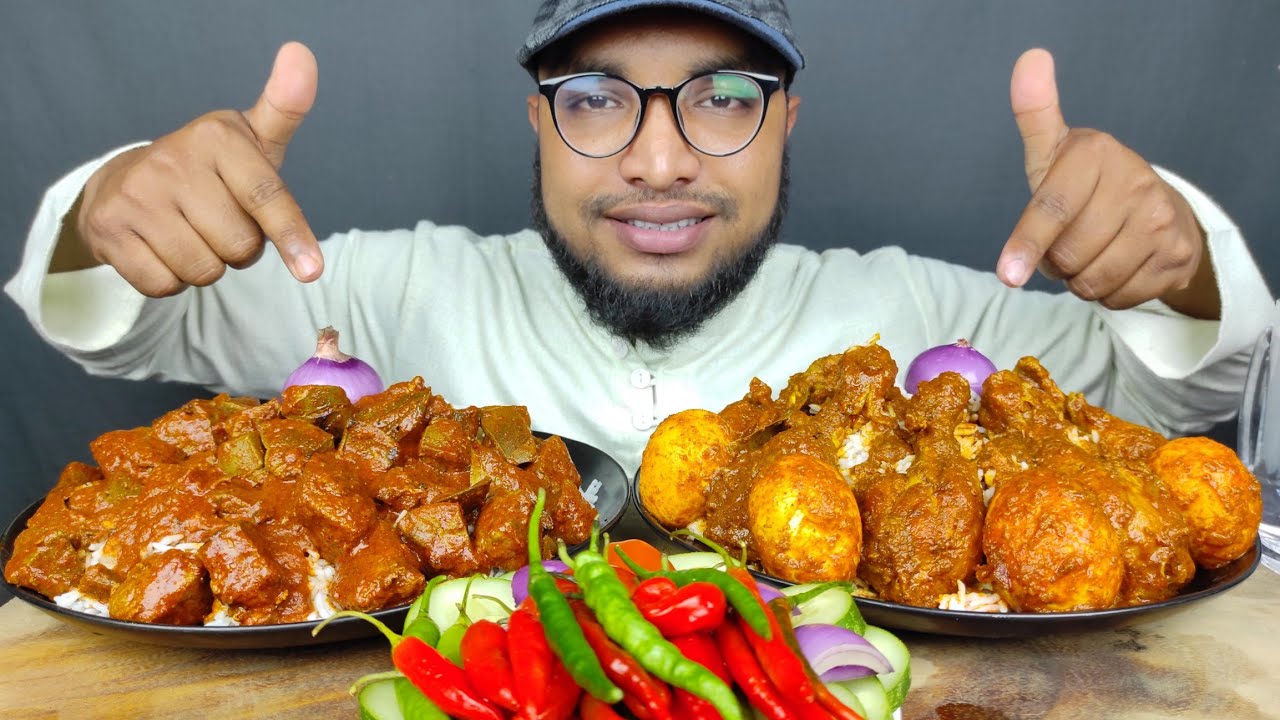 EATING SPICY MUTTON LIVER CURRY WITH RICE, SPICY CHICKEN LEG PIECE CURRY AND EGG CURRY WITH RICE