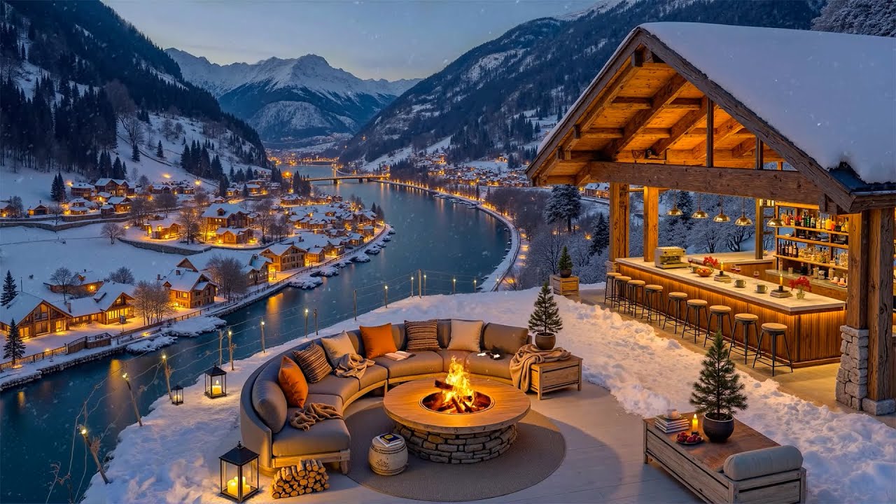 Relaxing Winter Night Jazz by the Fireplace ❄️Snowy Mountain Terrace Café Ambience for Quiet Moments