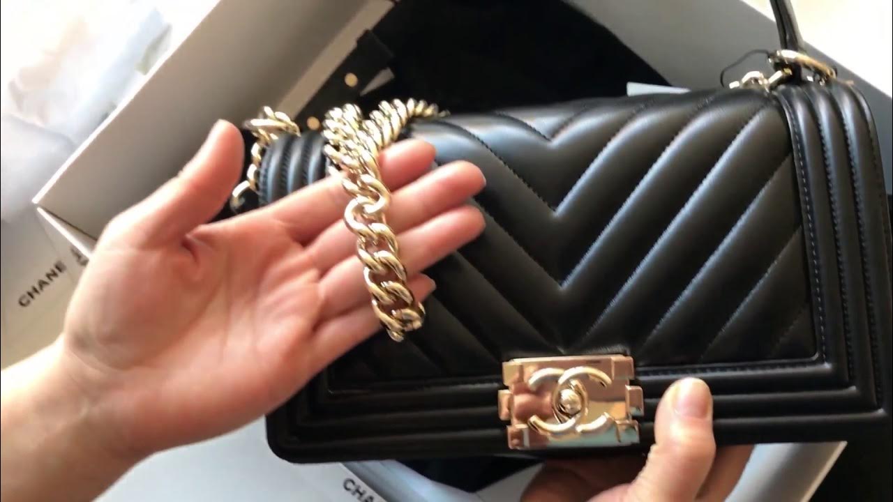 Unboxing CHANEL calfskin quilted medium Boy Flap Bag Black 