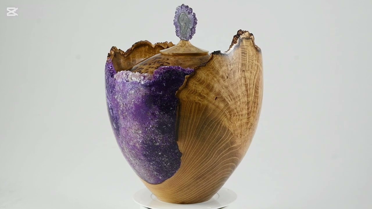 Large handmade Black Locust Burl Urn with Purple minerals and Amethyst lid