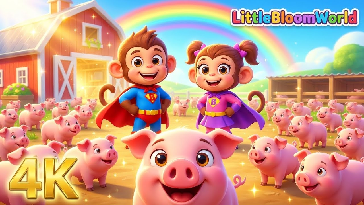 Superhero Monkeys Visit the Happy Pig Farm 🐷🌈 | Fun Farm Animals Cartoon for Kids | LittleBloomWorld