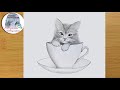 How to Draw a Cute Kitty in a Cup - Step by Step ||  Pencil sketch tutorial