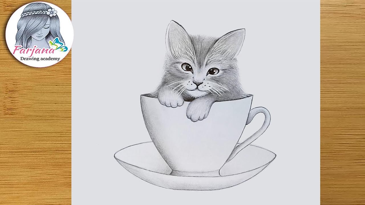 how to draw a cute kitty in a cup step by step pencil sketch tutorial youtube cat drawing tutorial drawings sketches tutorial