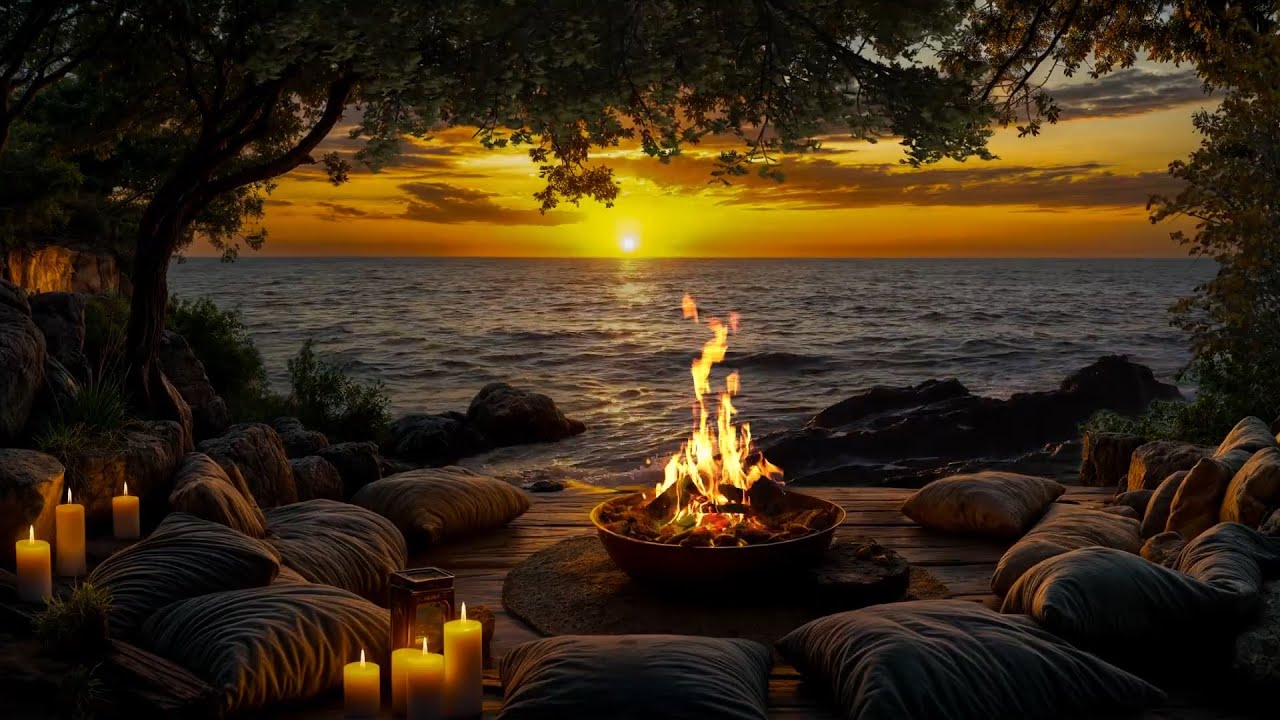 (NO ADS) Golden Sunset by the Shore 🌊✨ | Soothing Waves & Firelight for Inner Calm