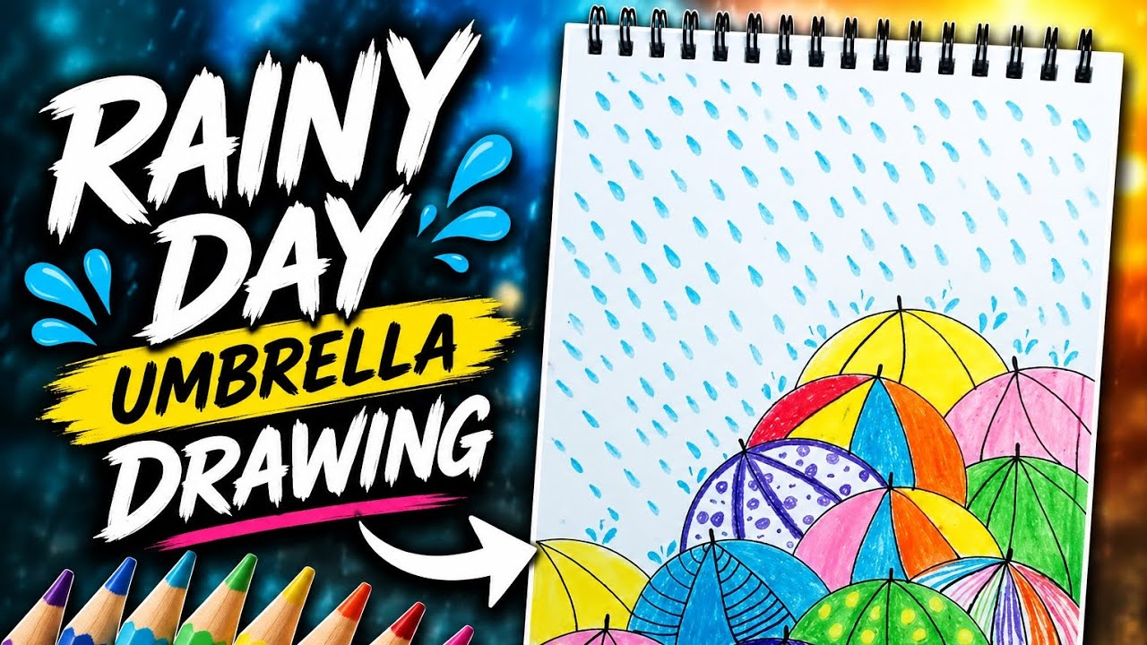 Easy Rainy Day Umbrella Drawing | Beautiful Colorful Umbrella
