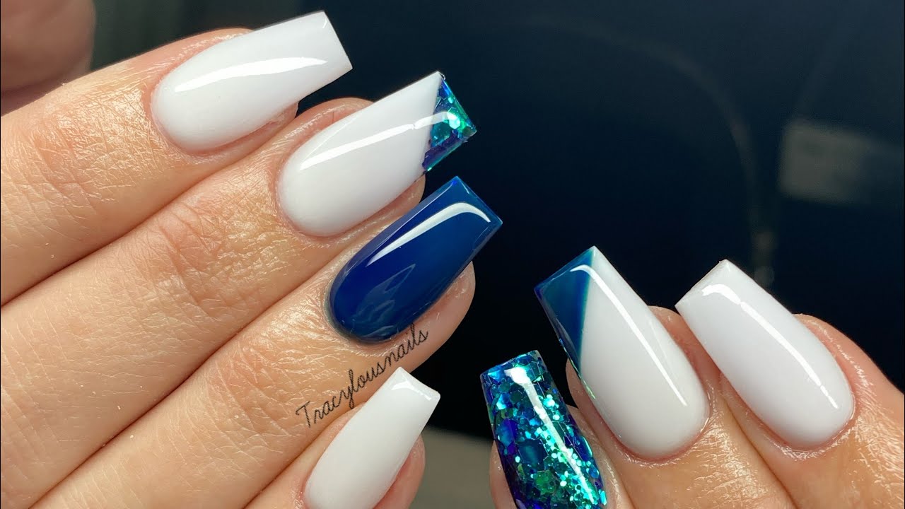 White & Blue Glittery Nails 💙 YouTube