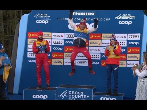 Награждение русских лыжников на «Тур де Ски»: прыжок Большунова на пьедестале и кислые щи Клебо