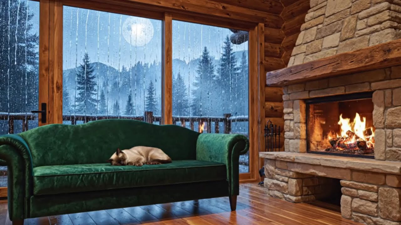 🌧️Sleep Fast & Relax Deeply | Rainy Cabin Night with Warm Fireplace and Sleeping Cat