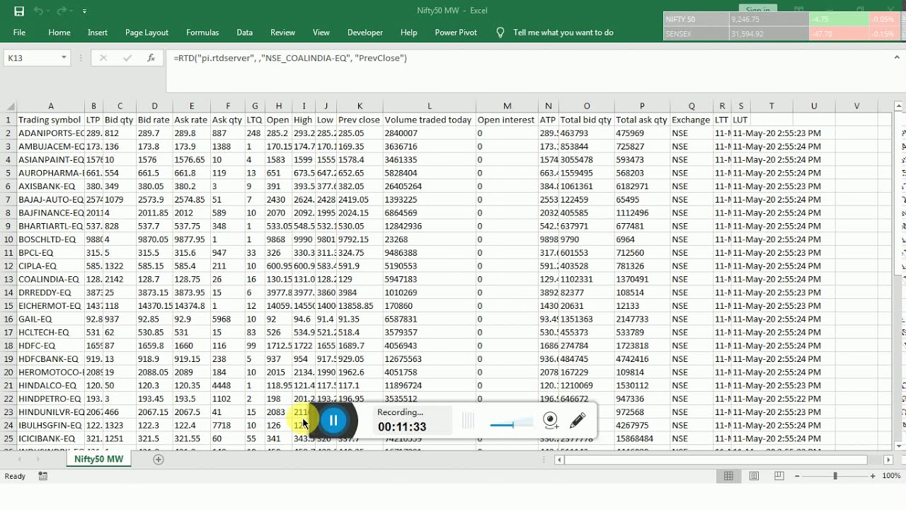 how to import real time data into excel of any index or watch list or portfolio 