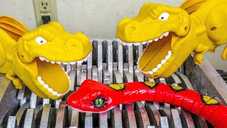 DINOSAURS EAT COBRA SNAKE! DESTROYING OLD TOYS IN SHREDDING MACHINE!