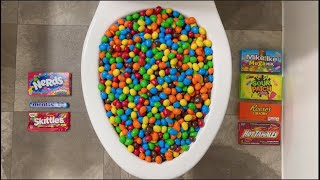 ASMR RAINBOW CANDY M&M'S, SKITTLES, REESE'S, SOUR PATCH, CHOCOLATE, MENTOS, POPULAR CANDY IN TOILET