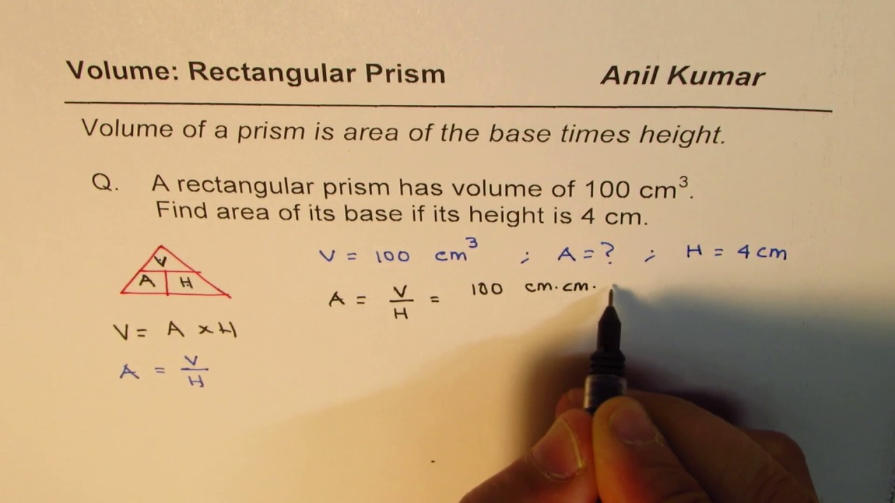 Find Area of Base from height and Volume of Rectangular Prism