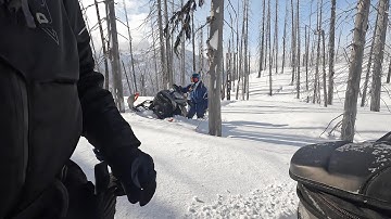 Deep powder, stuck, getting unstuck.  Raw unedited video, snowmobiling Eagle Pass, Sicamous BC