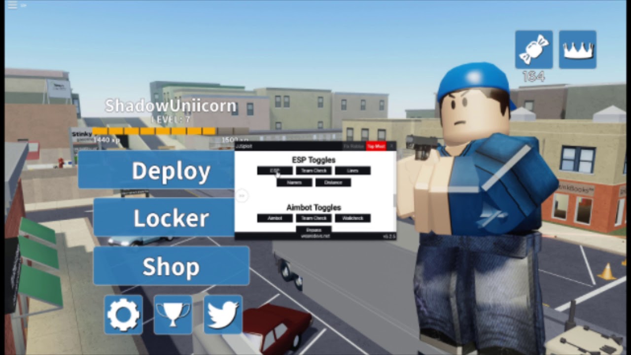 esp aimbot wall hacks roblox first person shooter gui