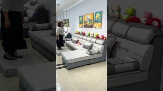 This is modern L-shaped section sofa featuring gry and white fabric upholstery. #sofa #sofaset