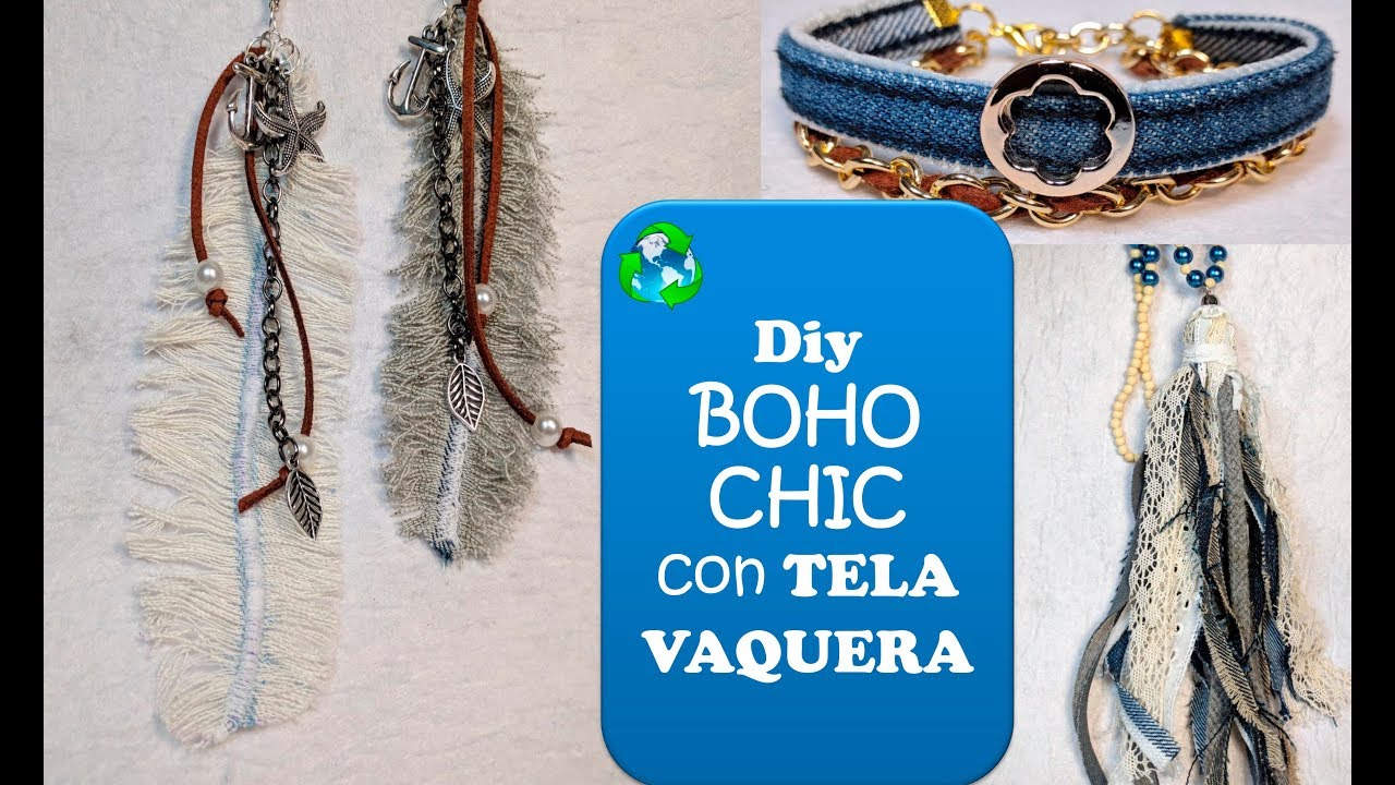 ♻️♻️Collar, pulsera y llavero BOHO CHIC 🌼 reciclando TELA VAQUERA. Recycling jeans diy