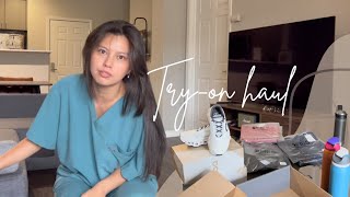 Try-On Haul: FIGS Scrub Suits, On Running Vs Hoka Shoes, Owala Water Bottle || Travel Nurse