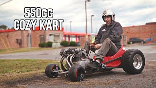 We finish up the chain guards and rig a fuel system, take honda 550cc
powered little tikes cozy coupe go kart on it's first test drive!
don'...