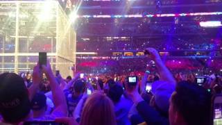 Shane McMahon dives off the cage at Wrestlemania Dallas floor view