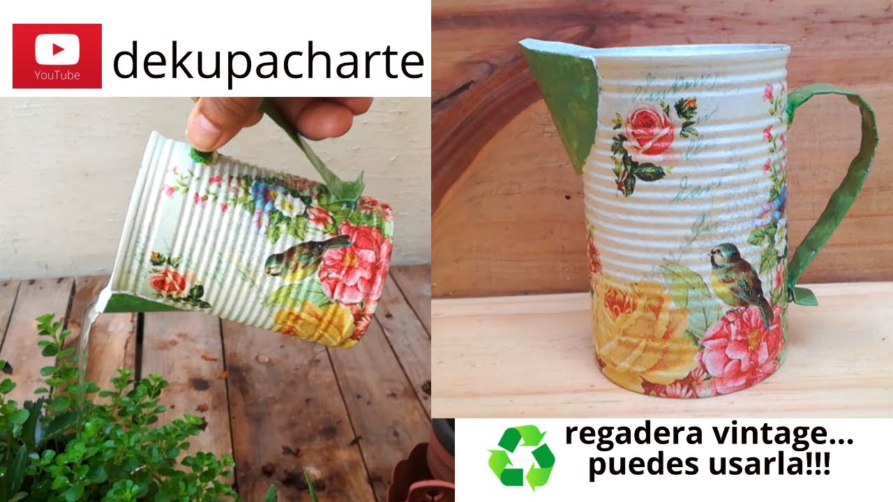 JARRA VINTAGE CON DECOUPAGE RECICLANDO LATA una ternura...la puedes usar!!! *super IDEA PARA VENDER