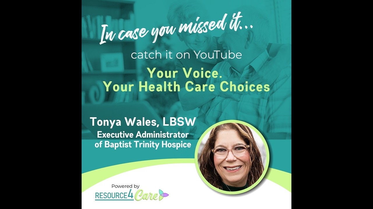 What would happen if you suddenly could no longer speak for yourself or make your own healthcare decisions?
In this important Resource4Care conversation, Tonya Wales, Executive Administrator of Baptist Trinity Hospice, shares 25 years of experience in hospice and long-term care and explains why advance care planning is one of the most important gifts you can give your family.
Using a realistic family scenario, Tonya shows how quickly fear, grief, guilt and differing opinions can complicate healthcare decisions when a loved one hasn't documented their wishes.
She walks through the Tennessee Advance Directive for Health Care, explaining how it can help you:
• Identify who you trust to make healthcare decisions for you 
• Communicate what quality of life means to you 
• Document your wishes regarding medical treatment 
• Provide guidance about end-of-life care 
• Identify a primary and alternate healthcare decision-maker 
• Share your wishes with your family and healthcare providers 
• Keep the appropriate copies where they can be found when needed 
Tonya also explains important details about the Tennessee form, including witness requirements, notarization, updating your wishes, and where to keep and share your completed directive.
The most important message:
Don't make your family guess what you would have wanted.
Advance care planning isn't about expecting the worst. It's about making your voice heard while you are healthy and able to make your own decisions, so your loved ones can focus on honoring your wishes rather than trying to figure them out during a crisis.
Tonya also points viewers to Tennessee.gov for the state's advance healthcare decision-making forms and resources. 
Resource4Care — Education • Empowerment • Peace of Mind
This video is for educational purposes and is not legal or medical advice. Requirements can change, so consult the appropriate professional or current Tennessee resources regarding your individual circumstances.