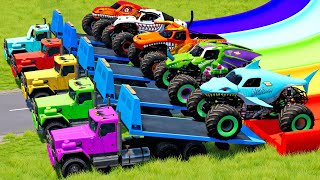 Monster Trucks Transport with 5 Car Rescue and Color Slide  BeamNG.drive