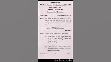 Mathematical statistics M.A./M.Sc. Semester- first Paper 4th #MA #MSC #SSJU #pyq #questionpaper