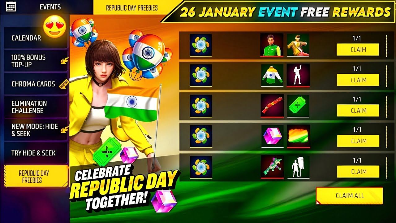 🇮🇳26 January Free Rewards Free Fire |🔥Republic Day Event Free Fire | FF New Event Telugu 