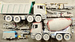 Finding Buried Toy Cars and Cleaning a Big Dump Truck, Big Cement Mixer, Tow Truck, and Crane