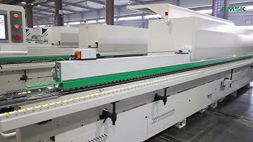 PMSK PE668J edge banding machine with pre-milling and corner rounding functions.