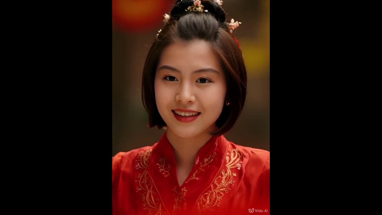 A beautiful Chinese girl in traditional red wedding dress smiling