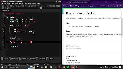 "Printf squares and cubes" in C programming language. #Eolymp problem 8532.