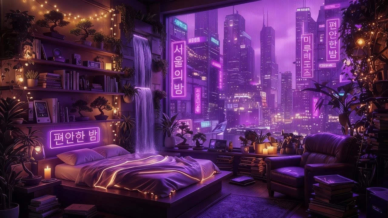 Rainy Cyberpunk Bedroom at Night 💜 Neon City ASMR for Sleep