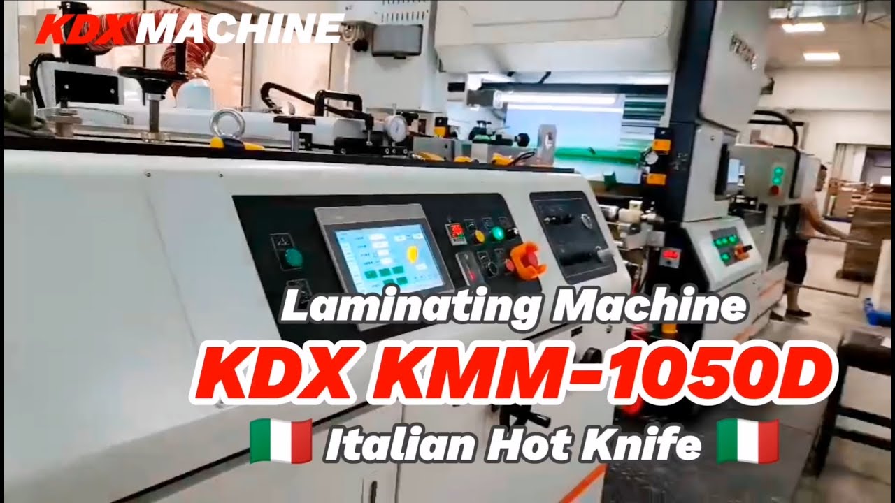 KMM 1050D Italian hot knife laminator on pizza box job. laminating