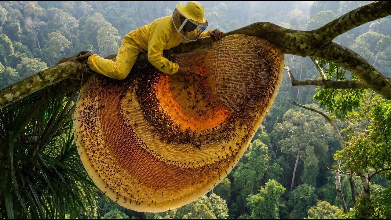 extreme wild honey hunt harvesting 2 honeycombs from a... 😨🍯 One Man vs a Rare Giant Tree Hive | Dangerous Honey Harvest in the ...