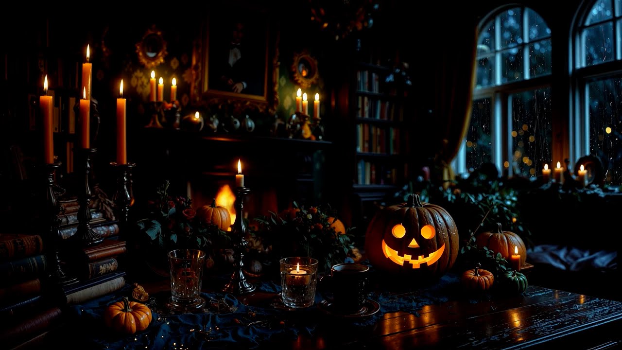 Haunted Victorian Parlor — Rain, Fireplace & Thunder (Halloween Ambience)