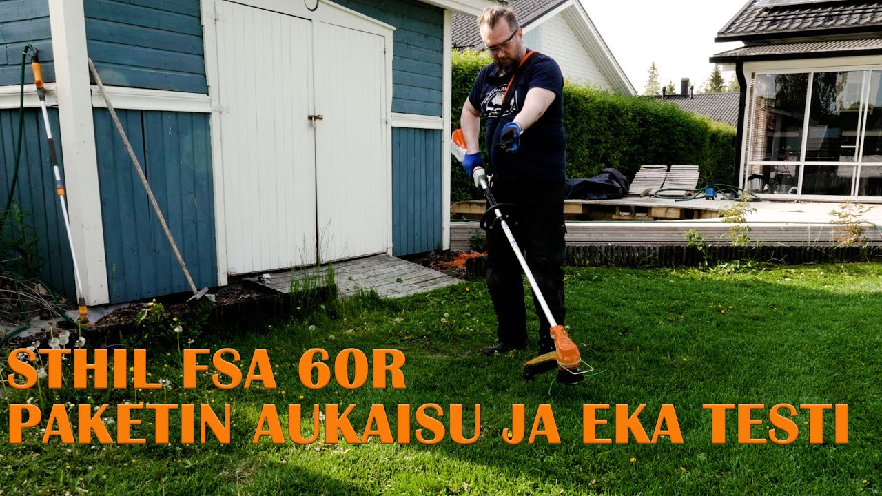 Sthil akkutrimmeri FSA 60R avataan paketti (ilman akkua ja laturia) ja tehdään ensi testi.