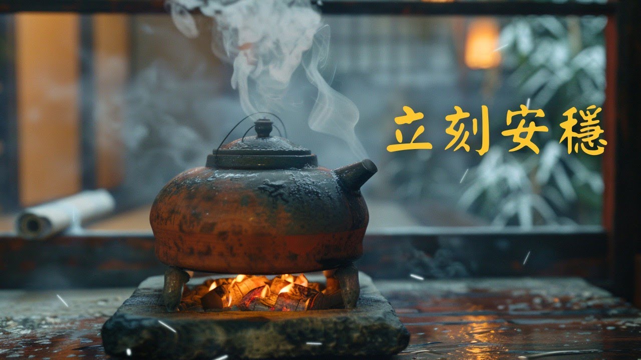 Церемония чаепития «Мгновенное спокойствие» с использованием чая пипа.Потрескивание огня с ...