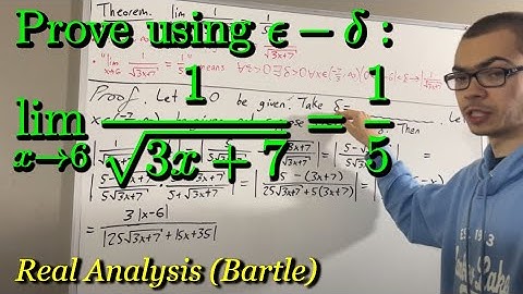 Prove the limit of 1/sqrt(3x+7) = 1/5 as x approaches 6 (using epsilon-delta) (ILIEKMATHPHYSICS)