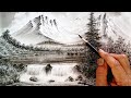 Winter Mountain Waterfall Landscape Scenery Drawing By Pencil Bob Ross Style Drawing