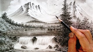 winter mountain waterfall landscape scenery drawing by pencil// Bob ross style drawing//