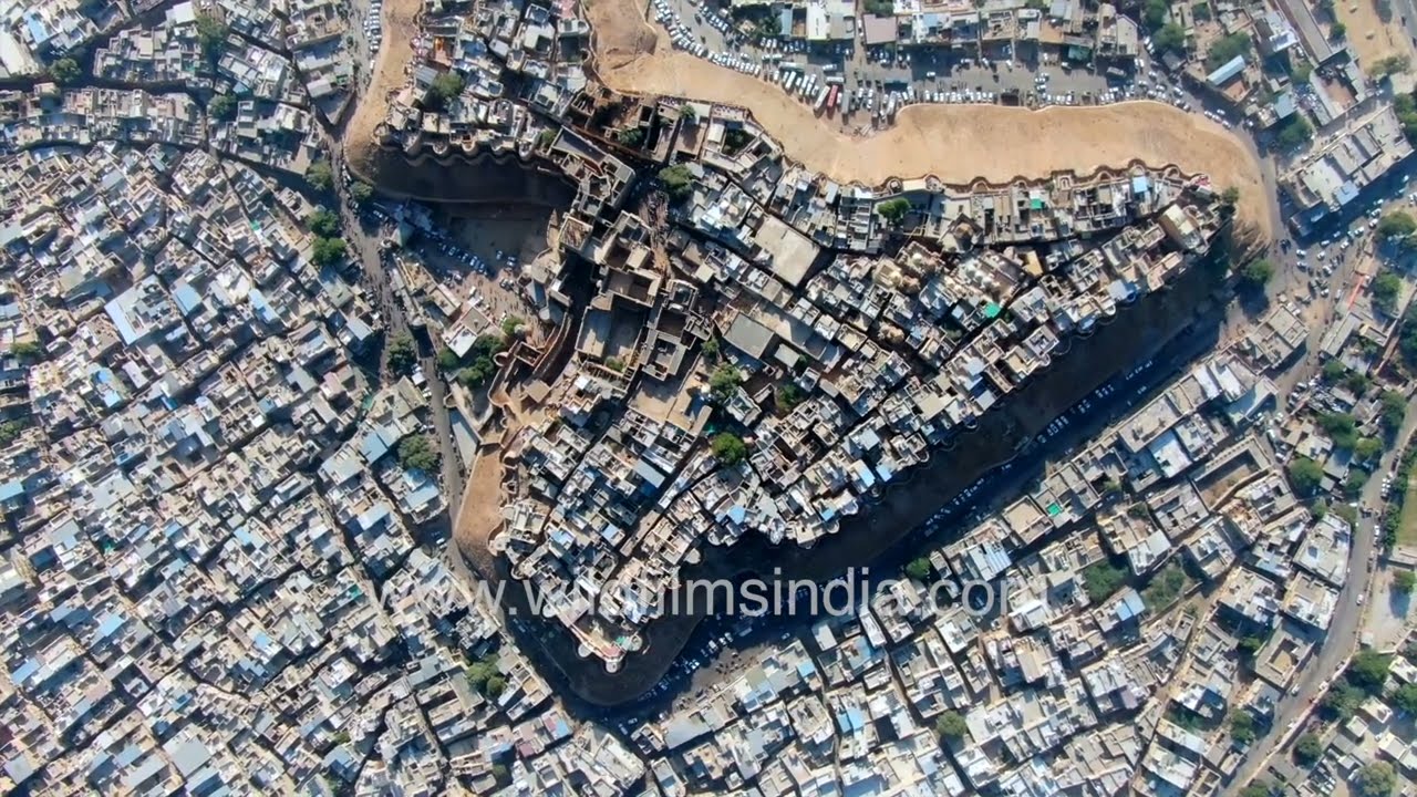 Jaisalmer Fort aerial view of city in heart of India's Thar desert, Rajasthan: Crowded constructions