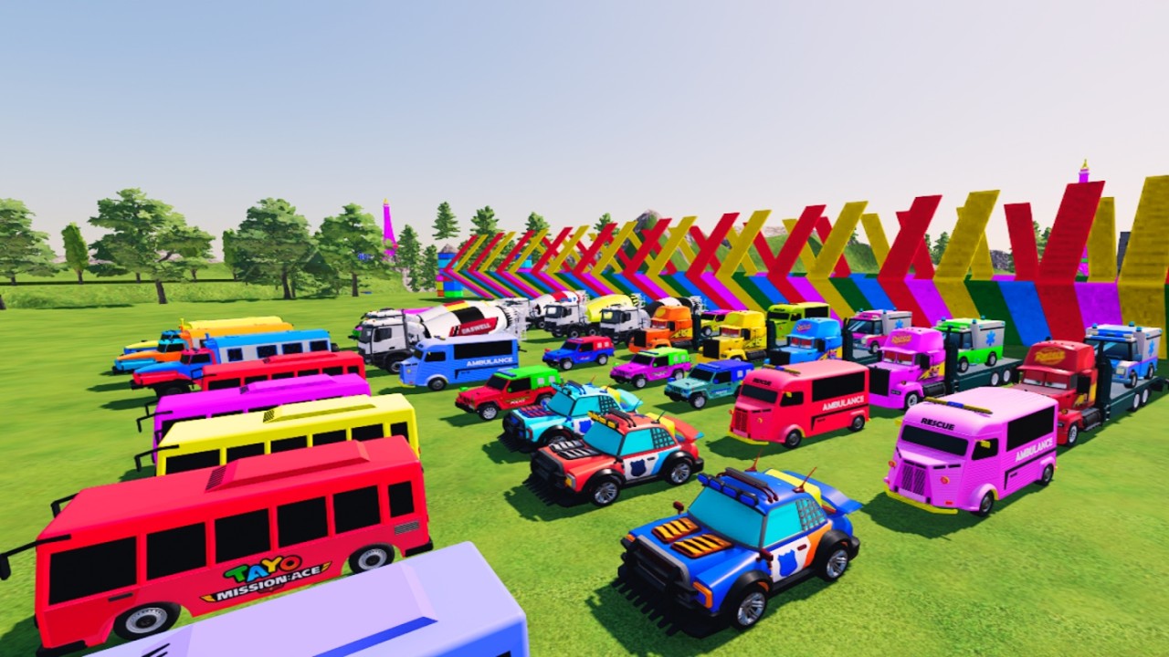 TRANSPORTING ALL POLICE CARS, AMBULANCE, BUS TAYO, FIRE TRUCK OF COLORS! WITH TRUCKS! - FS 22