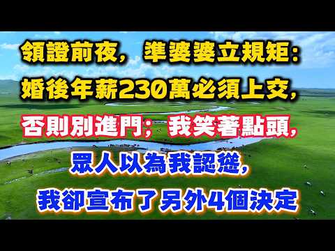 領證前夜，準婆婆立規矩：婚後年薪230萬必須上交，否則別進門；我笑著點頭，眾人以為我認慫，我卻宣布了另外4個決定#家常故事會 #婆媳故事 #家庭故事 #情感故事 #婚姻故事