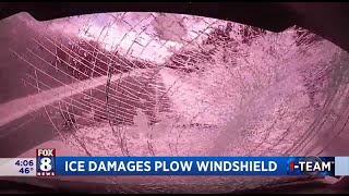 Video: Flying ice shatters snow plow truck's windshield