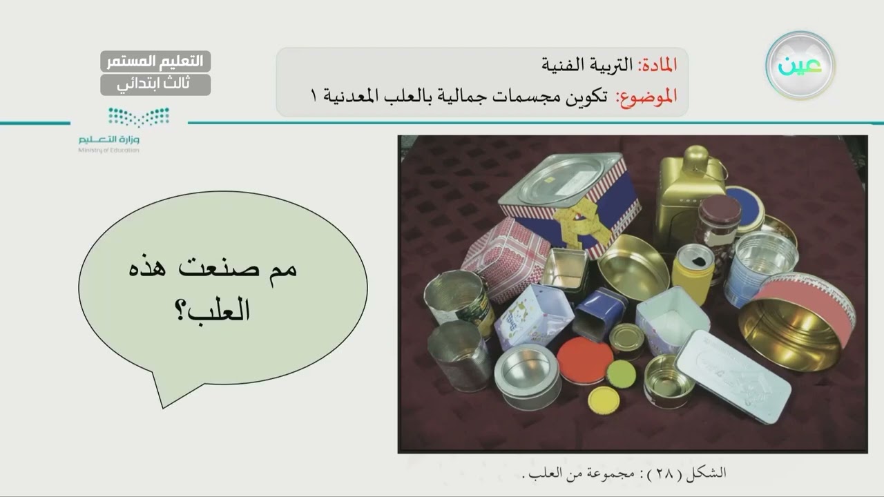 تكوين مجسمات جمالية بالعلب المعدنية 1 - التربية الفنية - الصف الثالث الابتدائي